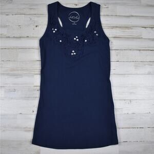 Y2K style navy blue cotton ribbed tank top shirt w/ rhinestones slim fit medium